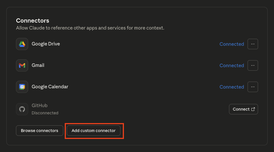 Claude - Connectors Setting Page